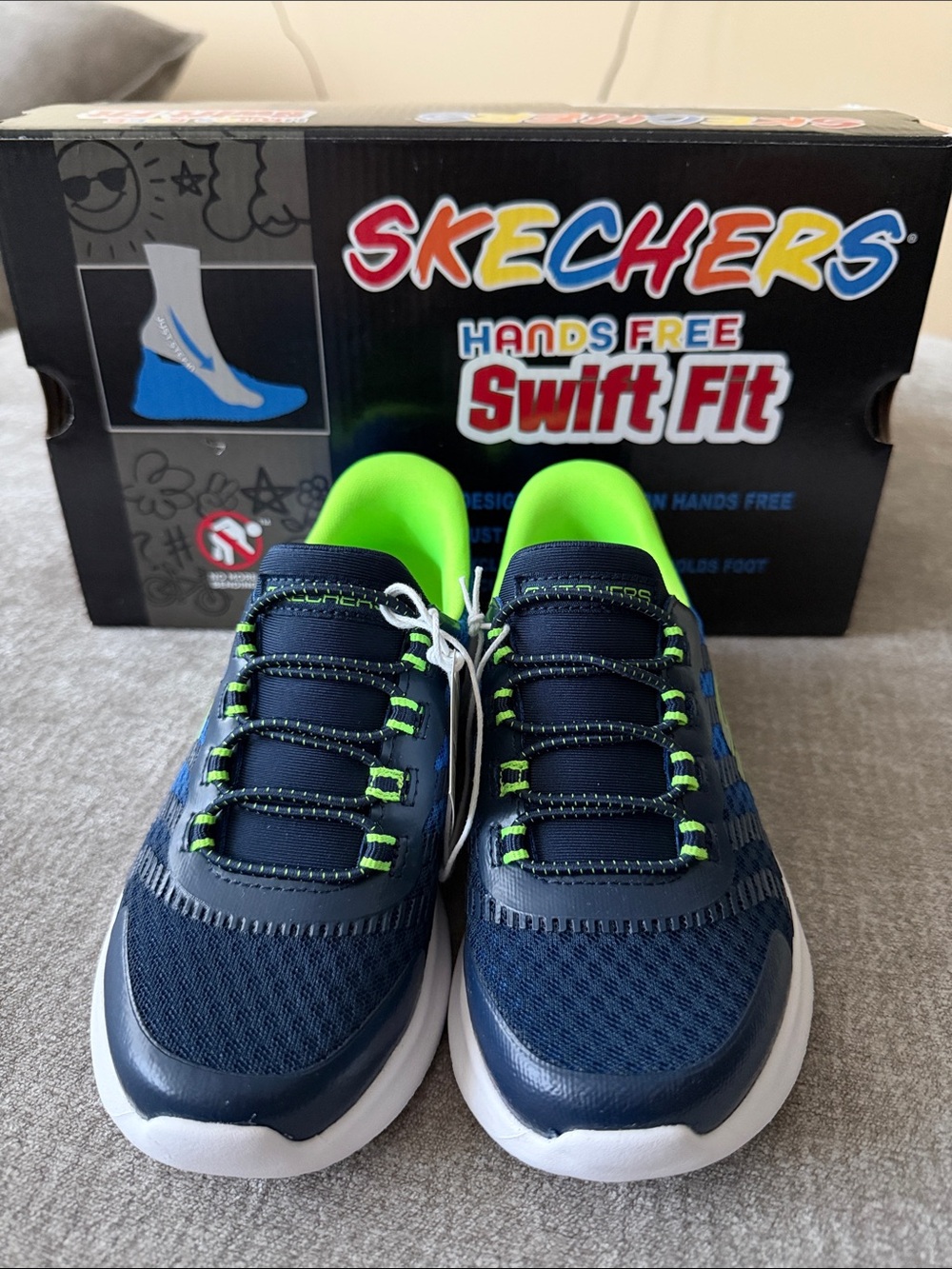 Skechers Kids Swift Fit Slip-On Sneakers in Navy & Neon Green
